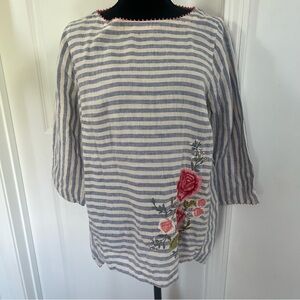 J. Jill Love Linen Tunic Striped Embroidered 100% Linen Blue White Floral Sz S